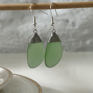 Sterling Silver Green Sea Glass Earrings: Wire Wrapped Dangle Earrings