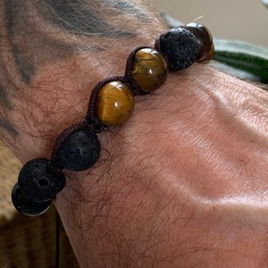 Mens Bracelet, 12mm Tigers Eye and Volcanic Lava Beaded Adjustable Bracelet