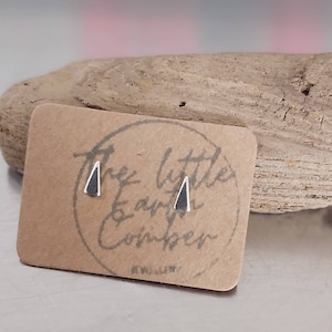Może przedstawiać: Para małych srebrnych kolczyków w kształcie trójkąta na brązowej kartce z napisem "The Little Earth & Co.mber" czarnym kolorem.