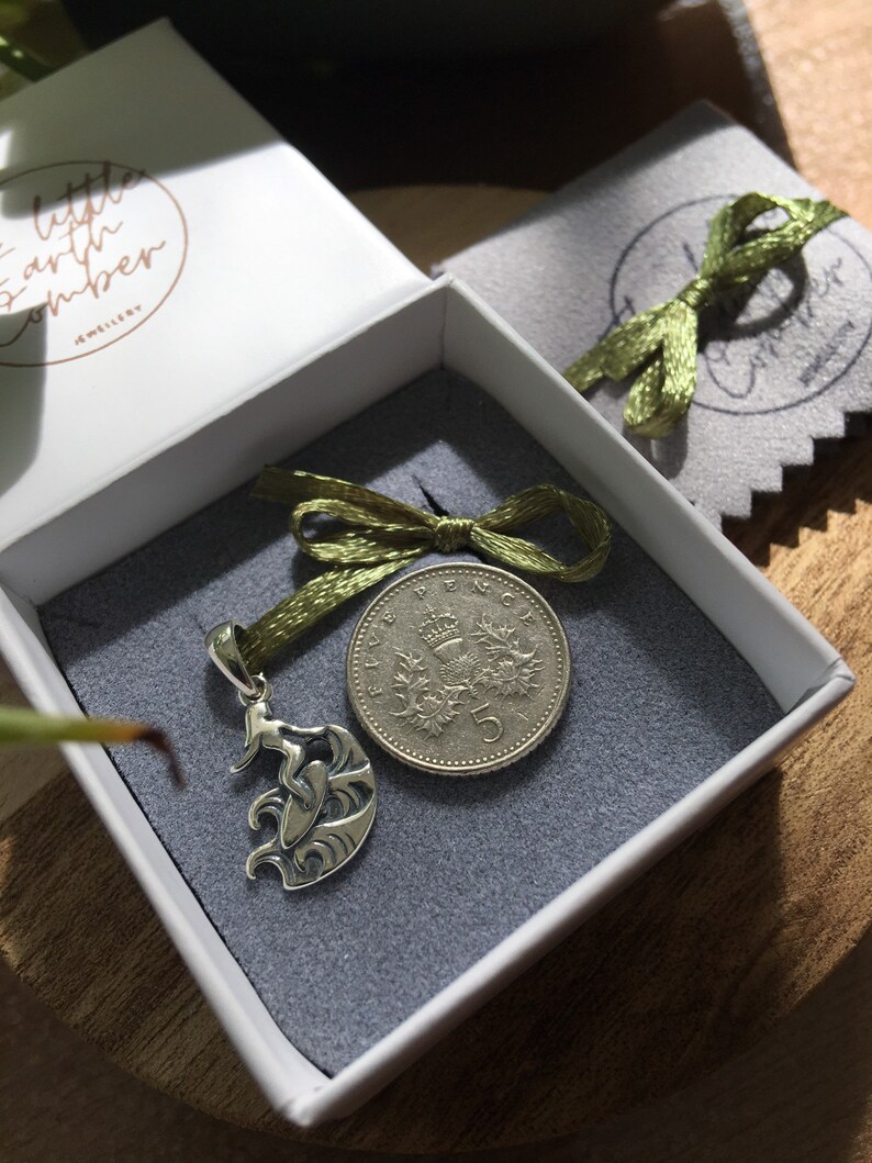 Puede incluir: Un colgante plateado con un surfista sobre una ola, presentado en una caja blanca con interior gris. Una moneda de cinco peniques y una cinta verde tambi&eacute;n est&aacute;n presentes. La caja tiene el texto "little earth amber JEWELLERY".
