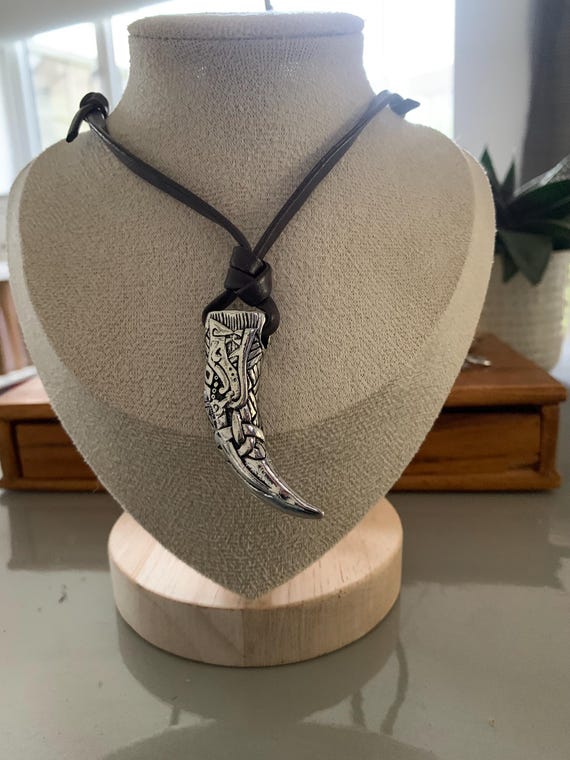 Mens Viking Wolf Tooth Necklace: Stainless Steel Amulet, Black