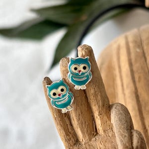 May include: A pair of stud earrings shaped like owls, featuring bright turquoise enamel bodies, cream-coloured faces, black circular eyes, and small red beaks, all outlined in a polished silver-tone metal finish for a clean and defined appearance.