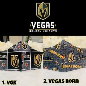 May include: Two face masks featuring the Vegas Golden Knights logo. The first mask has a black and gold pattern with the team's logo and the words "Vegas Golden Knights". The second mask has a gray and black pattern with the words "Vegas Born" and the team's logo.