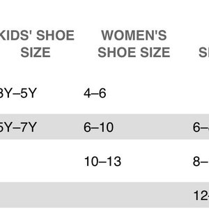 May include: A size chart with headings for sock, kids', women's, and men's shoe sizes. The chart includes sizes S, M, L, and XL, with corresponding shoe size ranges. The text "SIZE CHART" is at the top.