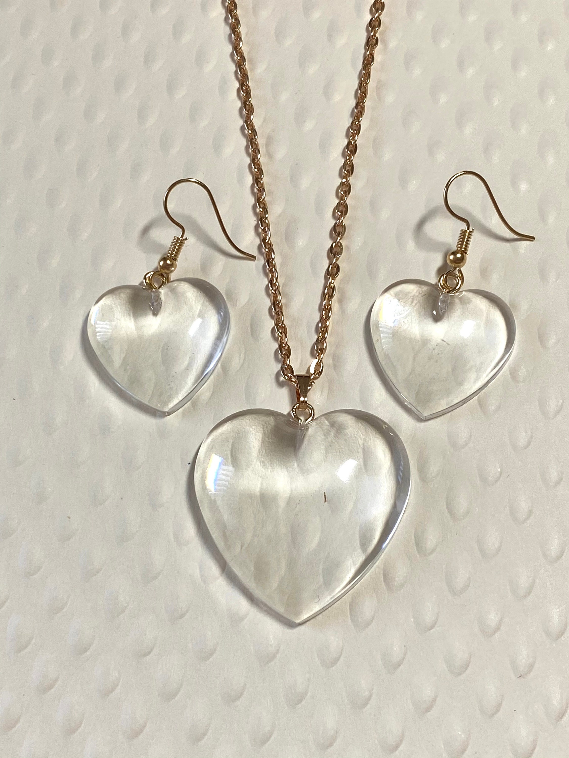 Crystallike clear resin heart necklace and earring set / rose Etsy
