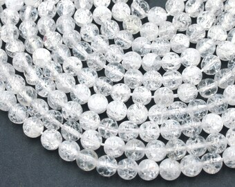 90187655-696 12MM White Cracked Rock Crystal Quartz Gemstone Round 15.5 inch 