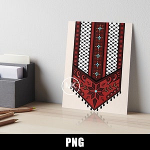 Könnte beinhalten: Ein gerahmter Druck mit einer detaillierten Illustration eines traditionellen Designs aus dem Nahen Osten. Das Kunstwerk zeigt ein Muster in Rot, Schwarz und Weiß mit komplizierten geometrischen Formen und floralen Motiven. Der Druck befindet sich auf einem Holztisch mit Bleistiften und einem grauen Organizer.