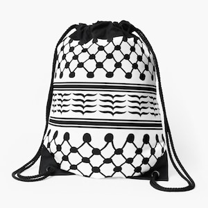 May include: Black and white drawstring backpack featuring a geometric pattern. The design includes rows of connected circles and wavy lines, creating a bold contrast. The bag has black drawstrings and a black top.
