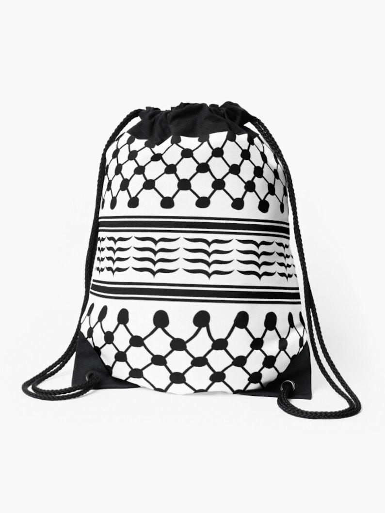 May include: Black and white drawstring backpack featuring a geometric pattern. The design includes rows of connected circles and wavy lines, creating a bold contrast. The bag has black drawstrings and a black top.