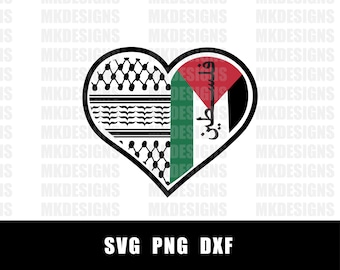 May include: A heart-shaped design with the Palestinian flag on the right side and a black and white pattern on the left side. The pattern is a traditional Palestinian keffiyeh.