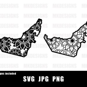 May include: Two black and white mandala designs of the United Arab Emirates map. The designs are intricate, with floral patterns filling the country's outline. The image includes the text "2 Designs included" and file type options: SVG, JPG, and PNG.