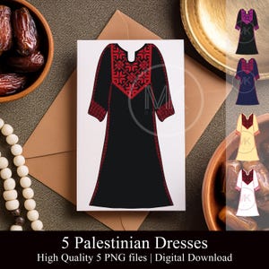 May include: Five digital illustrations of Palestinian dresses. Each dress is black with red embroidery and a different colored trim. The dresses are on a white background.
