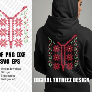 Może przedstawiać: Czarna bluza z kapturem z haftowanym wzorem w kolorze czerwonym i zielonym na plecach. Wzór przedstawia stylizowany wzór kwiatowy z centralnym motywem w kształcie litery Y. Pod wzorem nadrukowany jest tekst "DIGITAL TATREEZ DESIGN".