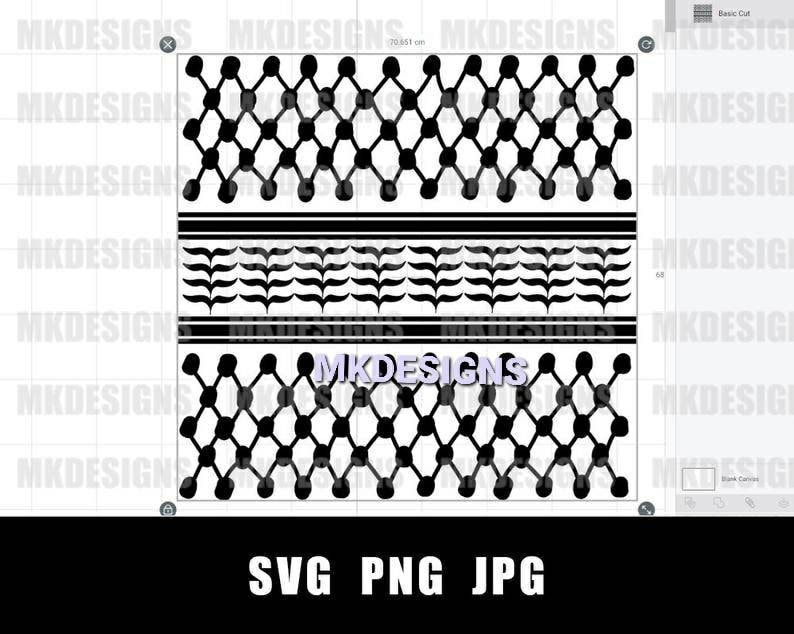 May include: Black and white graphic design with repeating geometric patterns and the text "MKDESIGNS". The design includes diamond shapes, horizontal lines, and leaf-like elements. The file formats are SVG, PNG, and JPG.