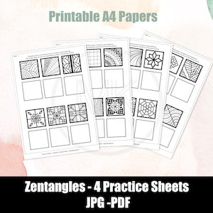 May include: Four printable A4 practice sheets for Zentangles. Each sheet features a variety of geometric patterns and designs to color in. The sheets are labeled "Zentangles - 4 Practice Sheets JPG - PDF".