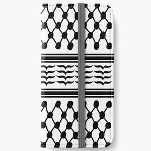 May include: White wallet with a black geometric pattern. The design includes a grid of black dots connected by lines, and a section with black bird-like shapes. A gray elastic band secures the wallet.