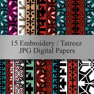 May include: 15 digital papers featuring intricate embroidery patterns in a variety of colours, including red, black, white, blue, and brown. The patterns are inspired by traditional embroidery techniques and are perfect for crafting projects.