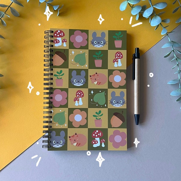 Cute Anime Characters Retro Checked A5 Spiral Bound Lined Notebook / Digital Art, Cute, Stationary, Notebook, Cute anime, Movie, Totoro