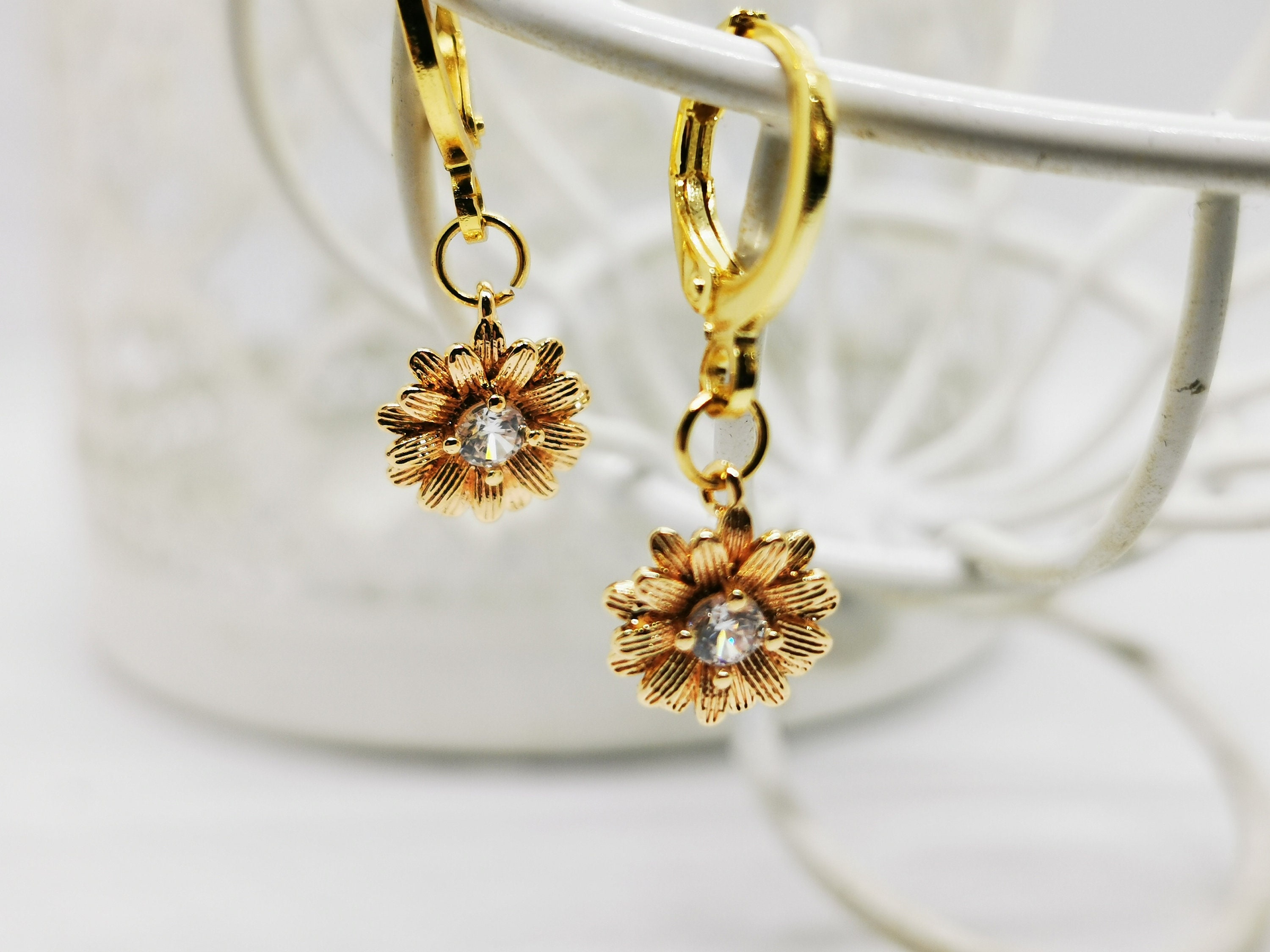 Gold Flower Hoop Earrings, Mave Pave Clear Cubic Zirconia Jewellery