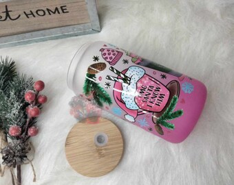 Vaso de cristal Pink Winter Libby, tapa de bambú y pajita.