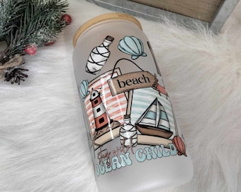 Ocean Sea Glass Tumbler with Straw and Bamboo Lid, Iced Coffee Cup