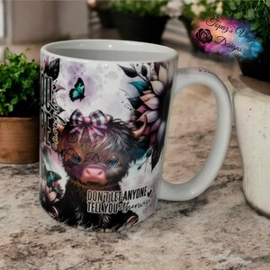 Black Highland Cow Mug/ Sublimation/ Cow Sunflower/ ceramic coffee mug/ Self Love/ RTS/15oz