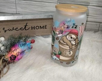 Christmas Sloth Latte 16oz Glass Can Tumbler, Bamboo Lid