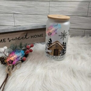 Snow Cabin for Away / Glass Tumbler With Straw And Lid/ Iced Coffee Glass Cup With Lid And Straw, Glass cup