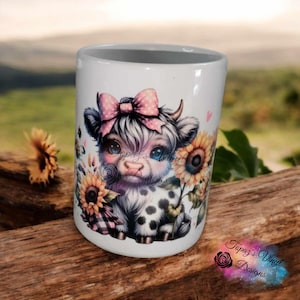 Baby Highland Cow Sunflower Mug/ Sublimation/ceramic coffee mug/ RTS/15oz