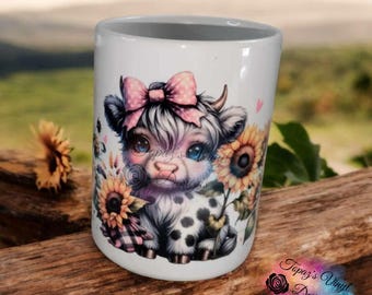 Baby Highland Cow Sunflower Mug/ Sublimation/ceramic coffee mug/ RTS/15oz