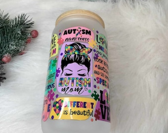 Autism Awareness Glass Tumbler with Lid and Straw
