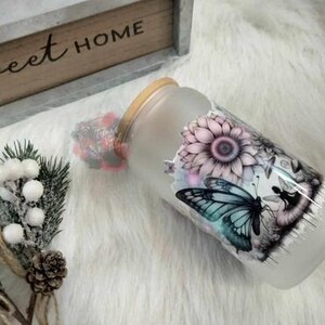 Fairy Butterfly / Glass Tumbler With Straw And Lid/ Iced Coffee Glass Cup With Lid And Straw, Glass cup/ Sunflower