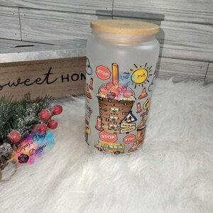 School Bus Driver / Glass Tumbler With Straw And Lid/ Iced Coffee Glass Cup With Lid And Straw, Glass cup