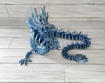 3D Printed Articulated Imperial Dragon | Blue Silver Flexi Fidget Toy