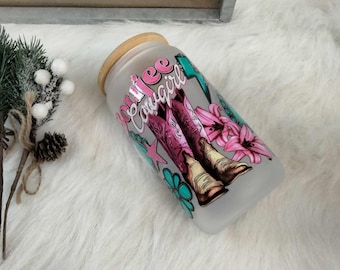 Western Cowgirl Glass Tumbler with Lid and Straw, Iced Coffee Cup