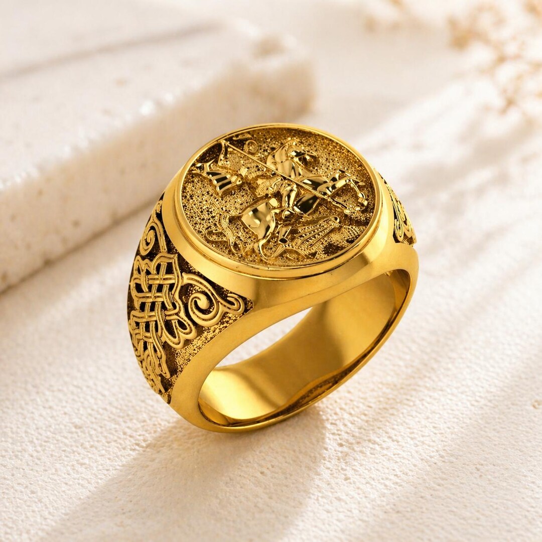 18k Solid Gold Saint George Ring, Knight Dragon Sovereign Signet