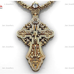 14 Kt, 18 Kt, 22 Kt Yellow Gold Jesus Cross Crucifix Cubic Zircon Pendant, Hallmark Stamped Handmade Gold Unisex Pendant Without Chain