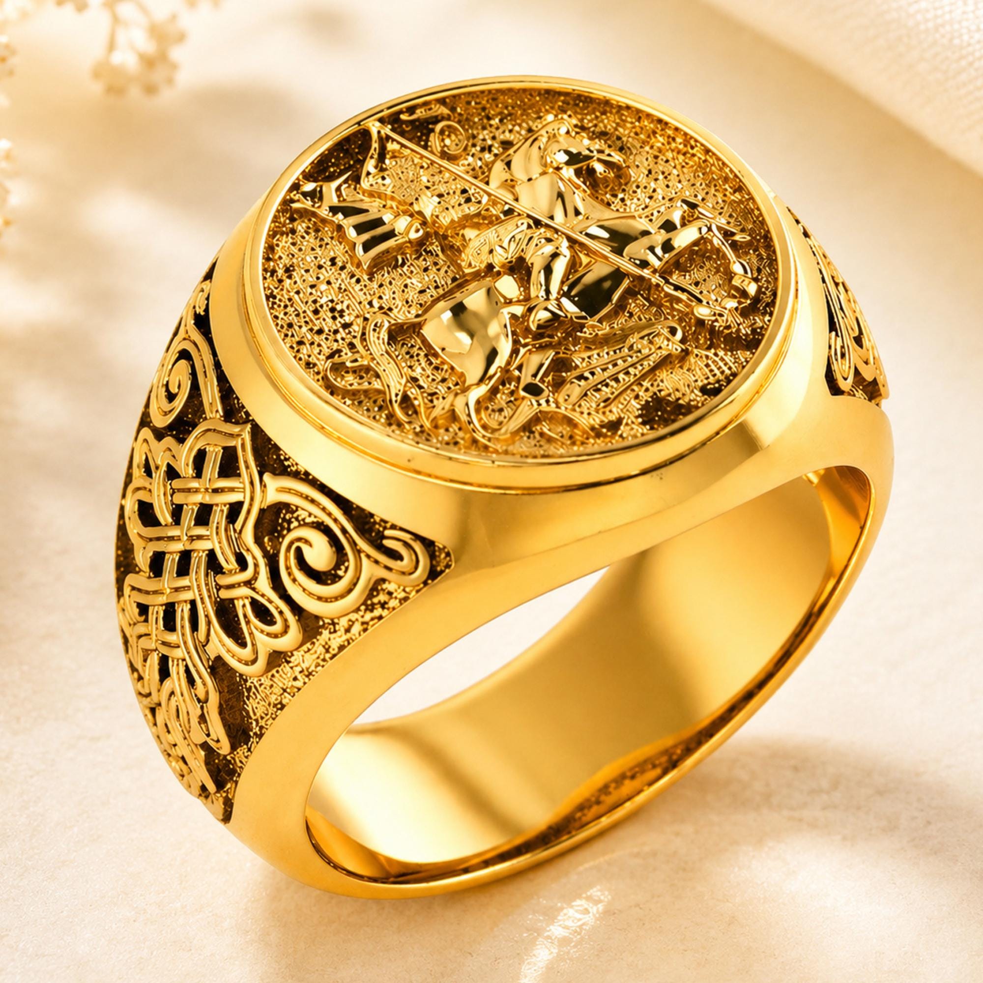 916ゴルドgold ring 16size Mongolian gold 14 Kt, 18 Kt, 22 Kt Real Solid Yellow Gold St. George Fighting