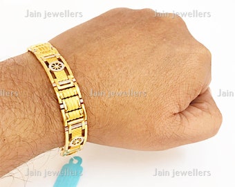 18Kt, 22Kt Hallmark Stamped Real Solid Yellow Gold 2 Tone Bracelet Handmade Heavy Lobster Claw Clasp  Men's Bracelet Wide 12MM 31.480 Grams