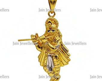May include: A gold pendant featuring a detailed depiction of Krishna playing the flute. The pendant is crafted in a traditional style with intricate details and a two-tone finish.