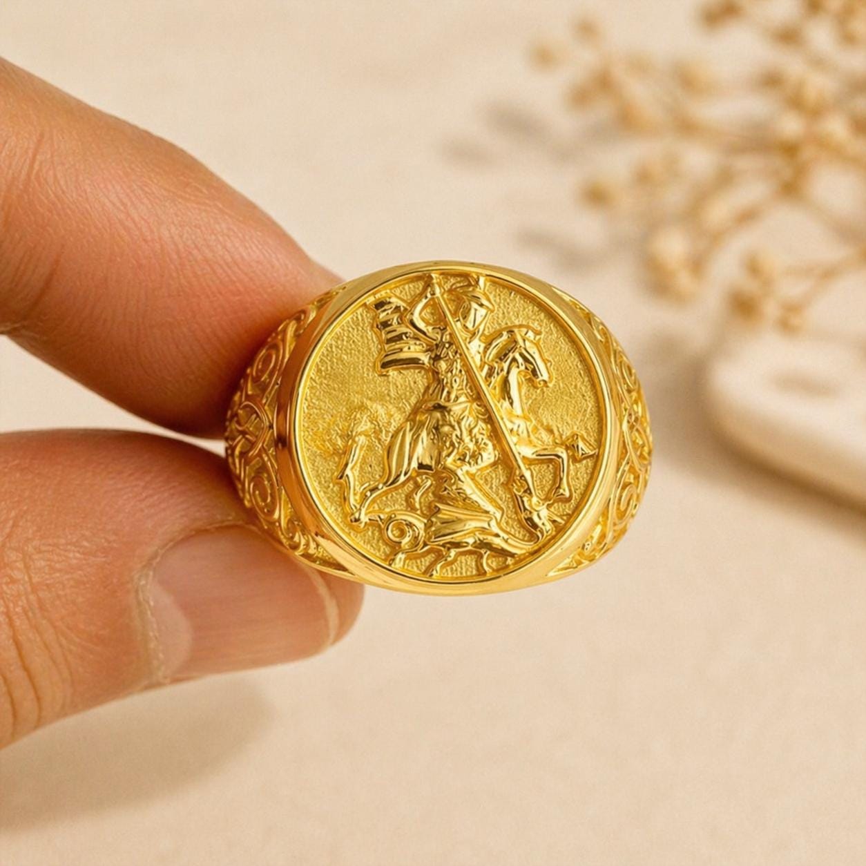 18k Solid Gold Saint George Ring, Knight Dragon Sovereign Signet
