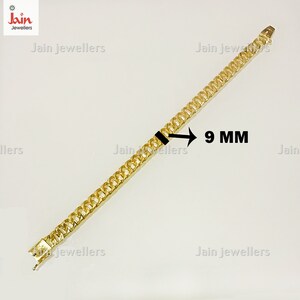May include: A gold chain bracelet with a 9 mm width. The chain is made of interlocking links.