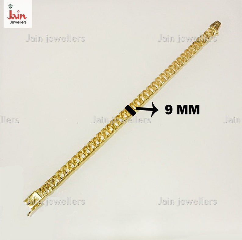 May include: A gold chain bracelet with a 9 mm width. The chain is made of interlocking links.