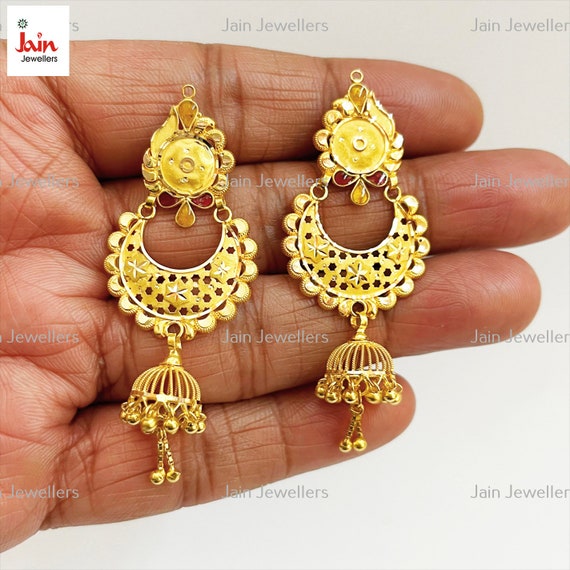 18k Real Yellow Gold Dangle Earrings for Women, Cultured Freshwater Pearl D Handmade 18K Yellow Gold Dangle Drop Earrings: Traditional Indian