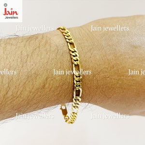 18Kt, 22Kt Real Gold Figaro Chain Bracelet, Hallmarked Handmade Figaro Curb Gold Bracelet, Unisex 14k Semi Solid Figaro Gold Bracelet