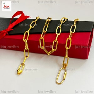 Fine Jewelry 18 Kt, 22 Kt Real Solid Yellow Gold Chain Hallmark Certified Handmade PaperClip Link Choke Men&#39;s Necklace Chain