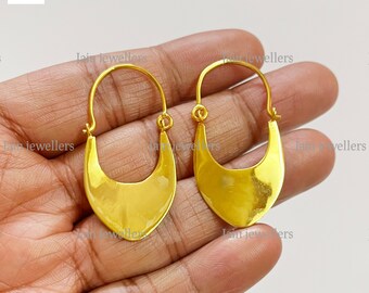 22k Solid Gold Crescent Hoop Earrings: Handmade Dangle Drop Earrings