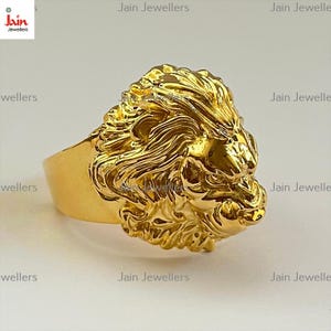 18 Kt Real Solid Yellow Gold Lion Head Men&#39;S Ring Size 8 9 10 11 12 13 14