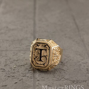 14K ,18K ,22K Real Yellow Gold Letter Personalized Initial Signet Ring ...