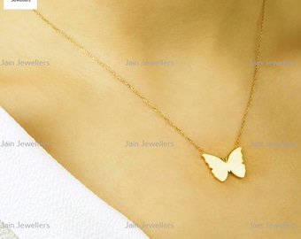 Dainty 18k/22k Yellow Gold Butterfly Pendant Necklace: Handmade Fine Jewelry